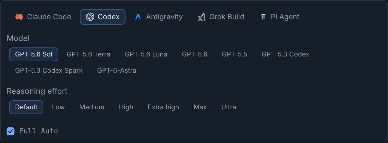 Codex selected in the launch panel. Model and reasoning effort choices appear above the checked Full Auto checkbox.